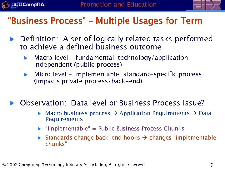 Promotion and Education “Business Process” – Multiple Usages for Term Definition: A set of