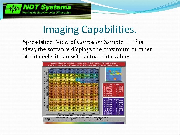 Imaging Capabilities. Spreadsheet View of Corrosion Sample. In this view, the software displays the