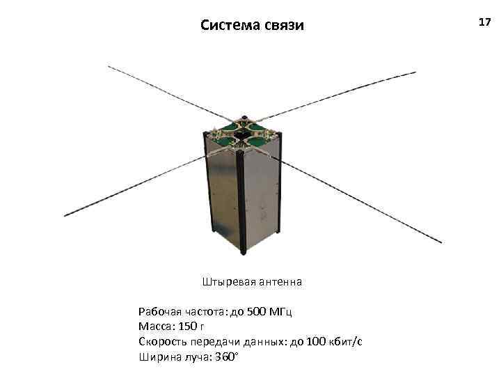 Система связи Штыревая антенна Рабочая частота: до 500 МГц Масса: 150 г Скорость передачи