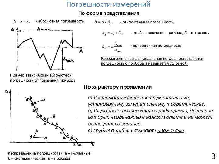 Погрешности измерений По форме представления - абсолютная погрешность - относительная погрешность где Ai –