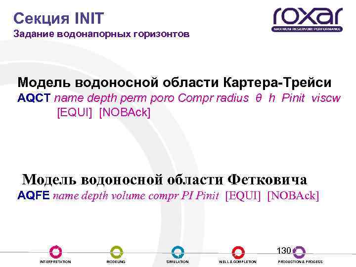 Секция INIT Задание водонапорных горизонтов Модель водоносной области Картера-Трейси AQCT name depth perm poro