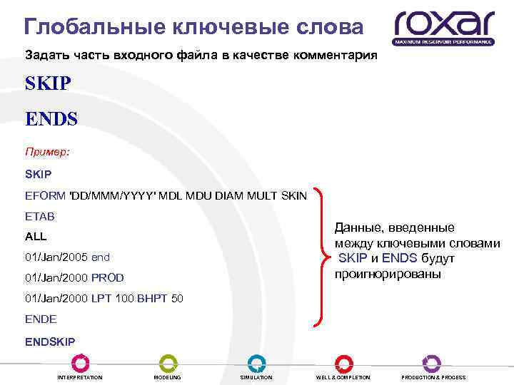 Глобальные ключевые слова Задать часть входного файла в качестве комментария SKIP ENDS Пример: SKIP