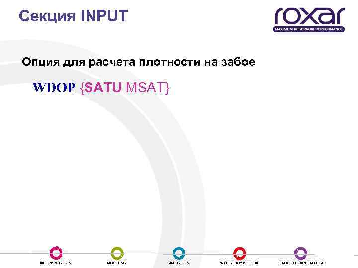 Секция INPUT Опция для расчета плотности на забое WDOP {SATU MSAT} INTERPRETATION MODELING SIMULATION