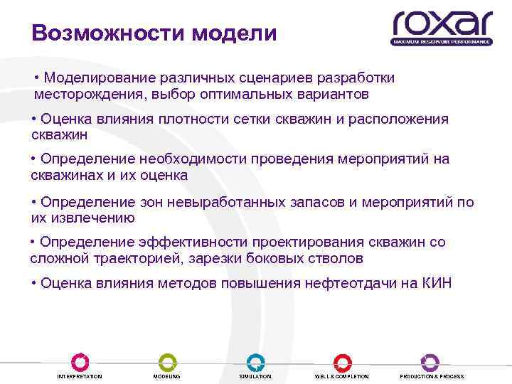 Возможности модели • Моделирование различных сценариев разработки месторождения, выбор оптимальных вариантов • Оценка влияния