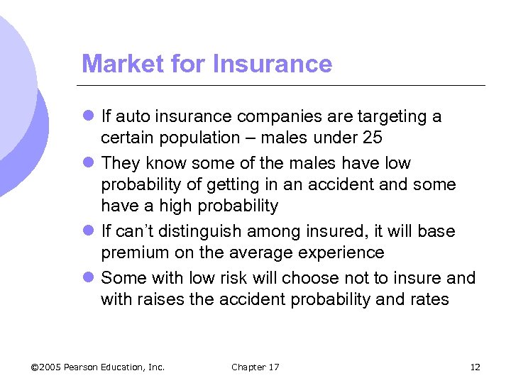 Market for Insurance l If auto insurance companies are targeting a certain population –