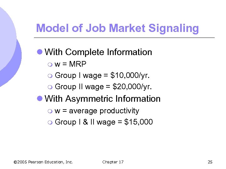 Model of Job Market Signaling l With Complete Information mw = MRP m Group