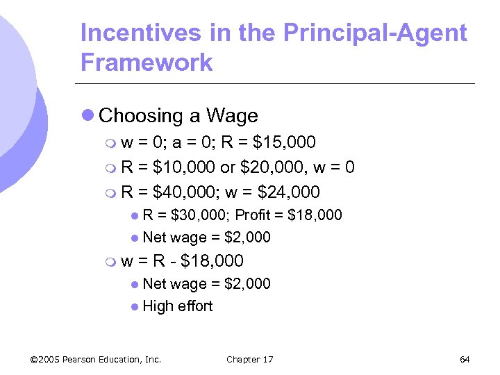 Incentives in the Principal-Agent Framework l Choosing a Wage mw = 0; a =