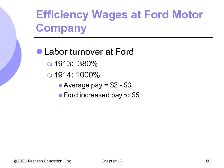 Efficiency Wages at Ford Motor Company l Labor turnover at Ford m 1913: 380%