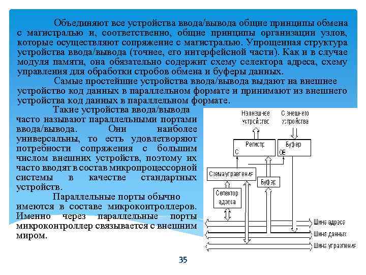 Объединяют все устройства ввода/вывода общие принципы обмена с магистралью и, соответственно, общие принципы организации