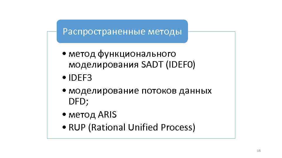 Распространенные методы • метод функционального моделирования SADT (IDEF 0) • IDEF 3 • моделирование
