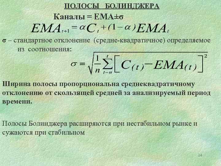 ПОЛОСЫ БОЛИНДЖЕРА Каналы = ЕМА±σ σ – стандартное отклонение (средне-квадратичное) определяемое из соотношения: Ширина