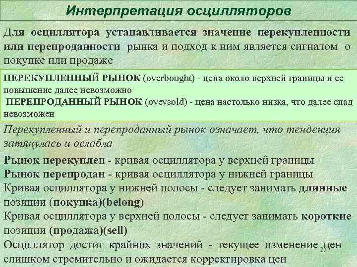 Интерпретация осцилляторов Для осциллятора устанавливается значение перекупленности или перепроданности рынка и подход к ним