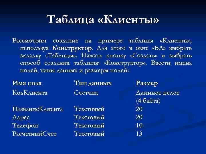 Таблица «Клиенты» Рассмотрим создание на примере таблицы «Клиенты» , используя Конструктор. Для этого в