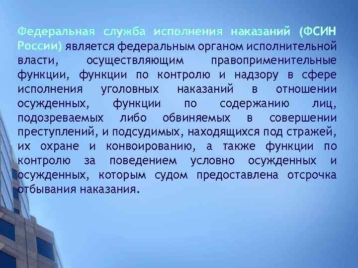 Федеральная служба исполнения наказаний (ФСИН России) является федеральным органом исполнительной власти, осуществляющим правоприменительные функции,