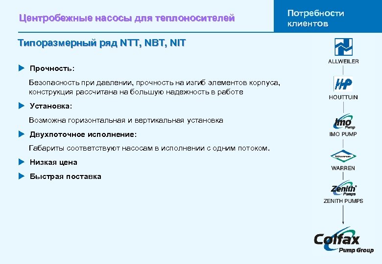 Центробежные насосы для теплоносителей Типоразмерный ряд NTT, NBT, NIT u Прочность: Безопасность при давлении,