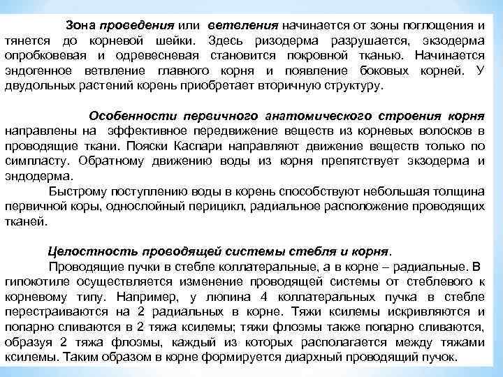 Зона проведения или ветвления начинается от зоны поглощения и тянется до корневой шейки. Здесь