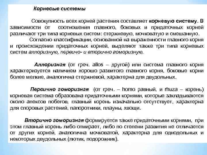 Корневые системы Совокупность всех корней растения составляет корневую систему. В зависимости от соотношения главного,