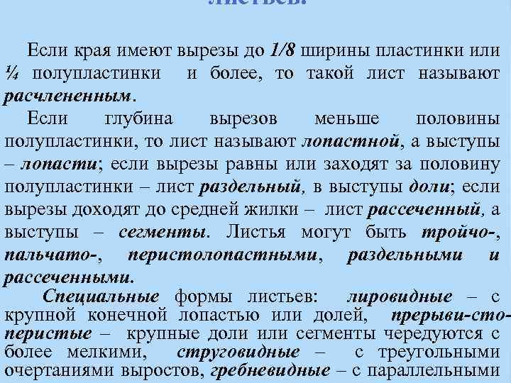листьев. Если края имеют вырезы до 1/8 ширины пластинки или ¼ полупластинки и более,