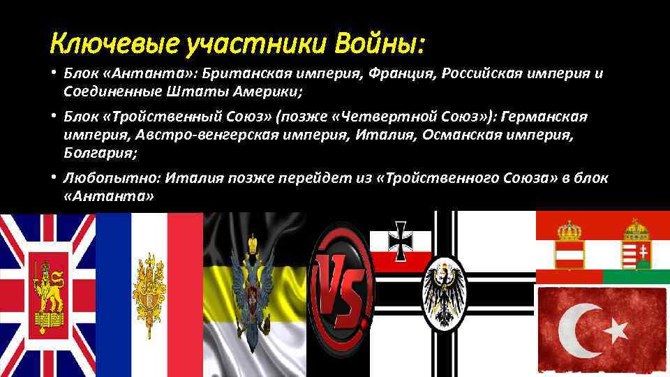 Ключевые участники Войны: • Блок «Антанта» : Британская империя, Франция, Российская империя и Соединенные