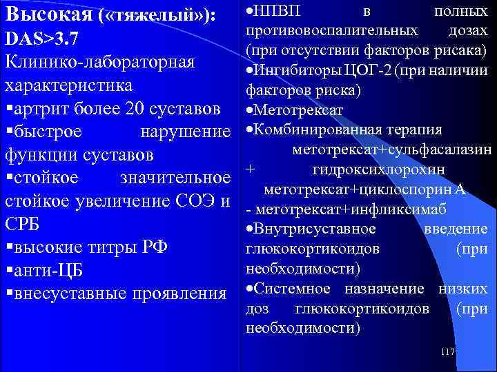  НПВП в полных противовоспалительных дозах DAS>3. 7 (при отсутствии факторов рисака) Клинико-лабораторная Ингибиторы