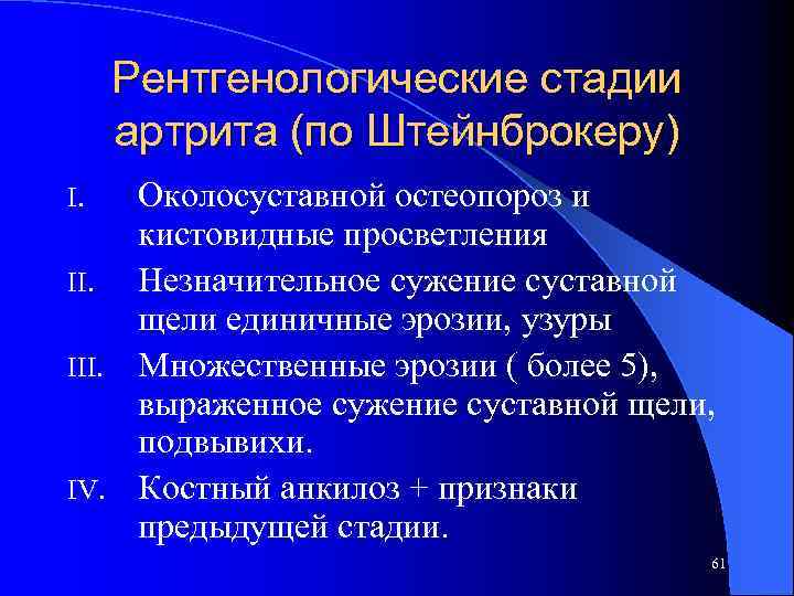 Рентгенологические стадии артрита (по Штейнброкеру) Околосуставной остеопороз и кистовидные просветления II. Незначительное сужение суставной
