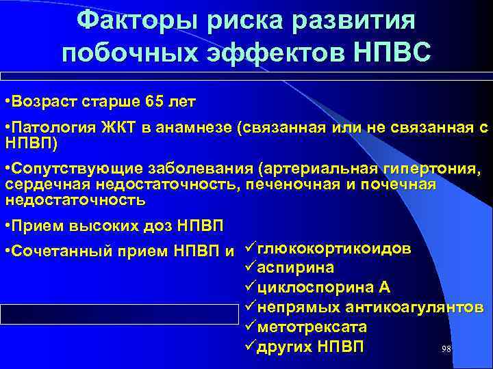 Факторы риска развития побочных эффектов НПВС • Возраст старше 65 лет • Патология ЖКТ