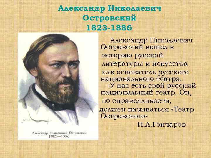 Александр Николаевич Островский 1823 -1886 Александр Николаевич Островский вошел в историю русской литературы и