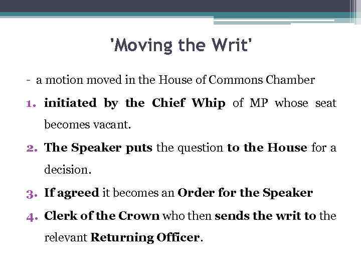 'Moving the Writ' - a motion moved in the House of Commons Chamber 1.