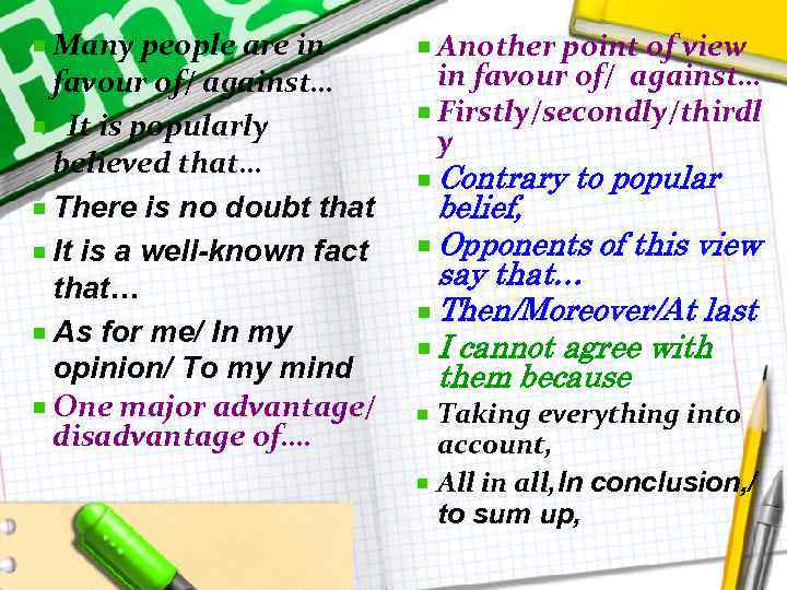 Many people are in favour of/ against… It is popularly believed that… There is