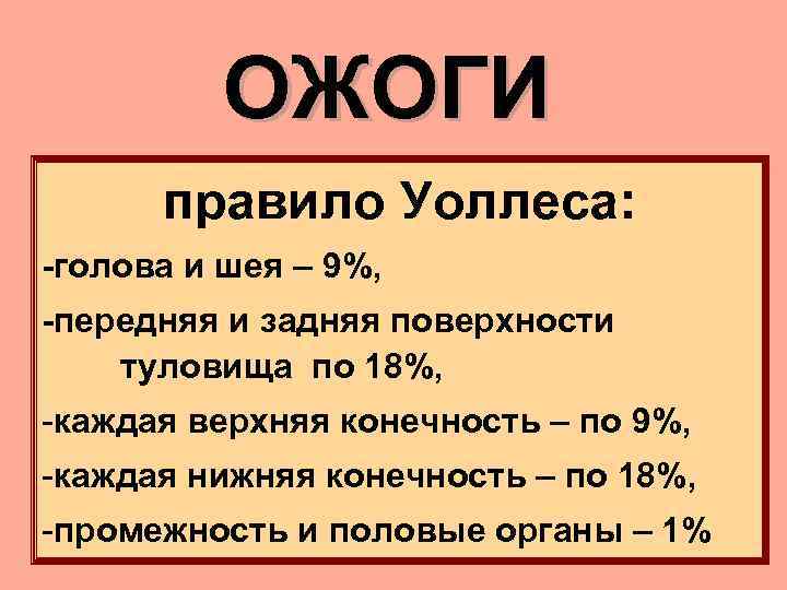 ОЖОГИ правило Уоллеса: -голова и шея – 9%, -передняя и задняя поверхности туловища по