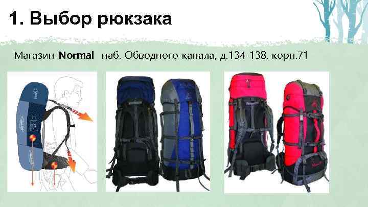 1. Выбор рюкзака Магазин Normal наб. Обводного канала, д. 134 -138, корп. 71 