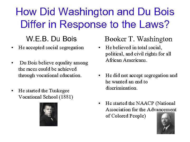 How Did Washington and Du Bois Differ in Response to the Laws? W. E.