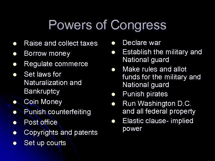 Powers of Congress l l l l l Raise and collect taxes Borrow money