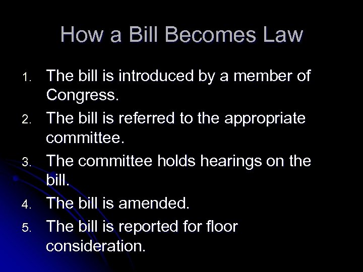 How a Bill Becomes Law 1. 2. 3. 4. 5. The bill is introduced