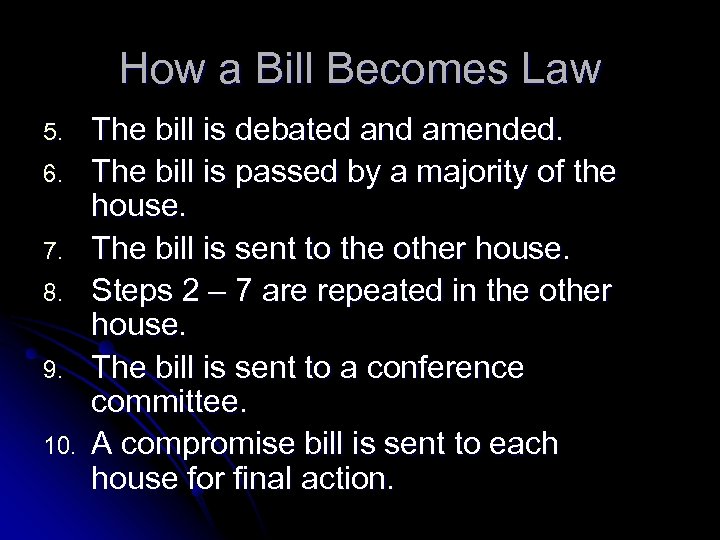 How a Bill Becomes Law 5. 6. 7. 8. 9. 10. The bill is
