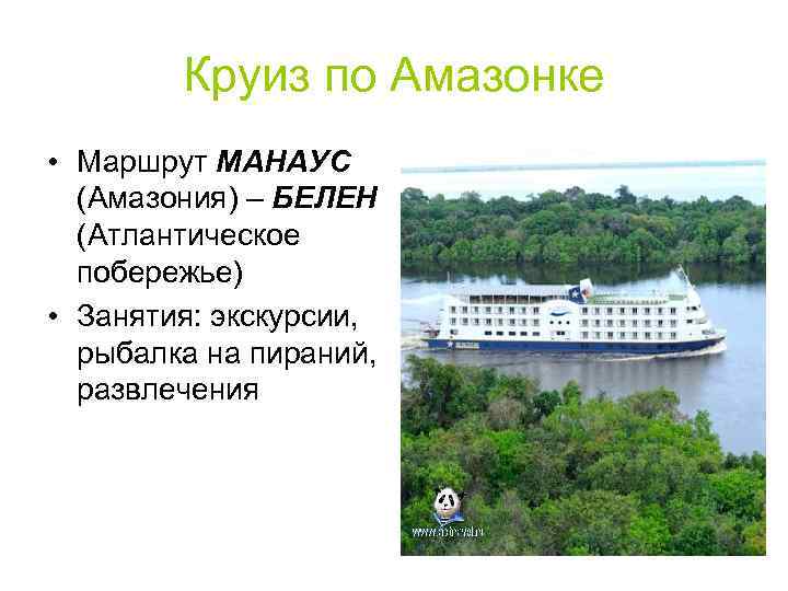 Круиз по Амазонке • Маршрут МАНАУС (Амазония) – БЕЛЕН (Атлантическое побережье) • Занятия: экскурсии,