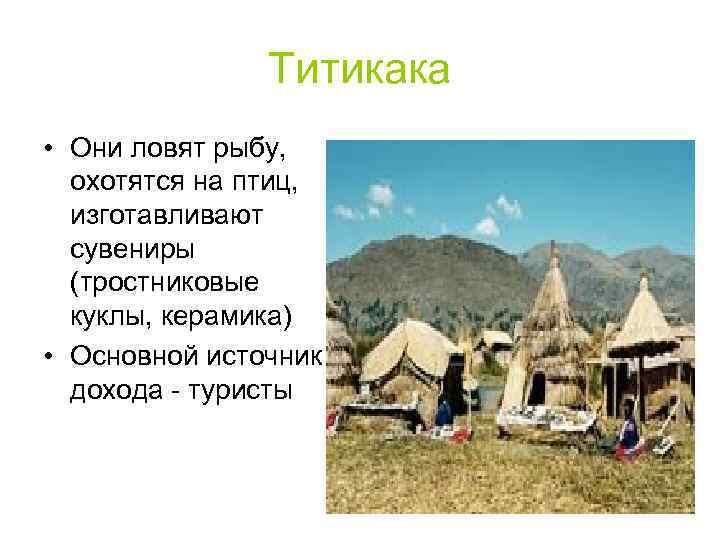 Титикака • Они ловят рыбу, охотятся на птиц, изготавливают сувениры (тростниковые куклы, керамика) •