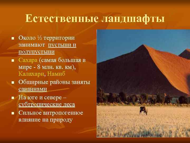 Естественные ландшафты n n n Около ½ территории занимают пустыни и полупустыни Сахара (самая