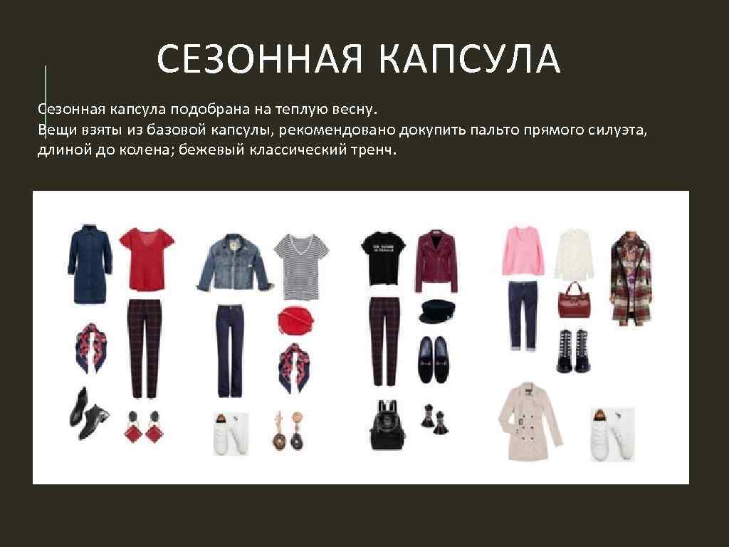 СЕЗОННАЯ КАПСУЛА Сезонная капсула подобрана на теплую весну. Вещи взяты из базовой капсулы, рекомендовано