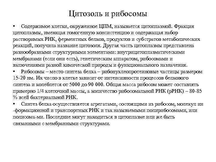 Цитозоль и рибосомы • Содержимое клетки, окруженное ЦПМ, называется цитоплазмой. Фракция цитоплазмы, имеющая гомогенную