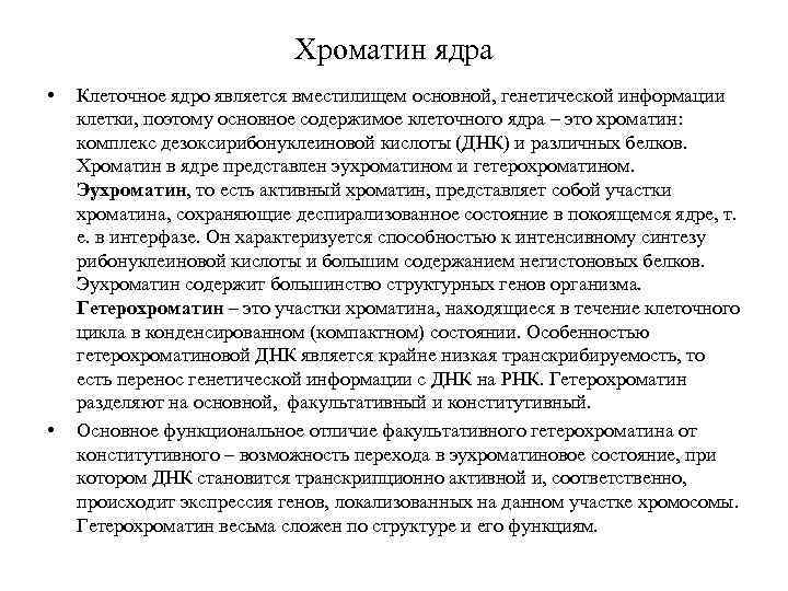 Хроматин ядра • • Клеточное ядро является вместилищем основной, генетической информации клетки, поэтому основное