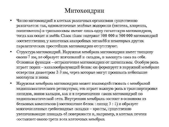 Митохондрии • • • Число митохондрий в клетках различных организмов существенно различается: так, одноклеточные