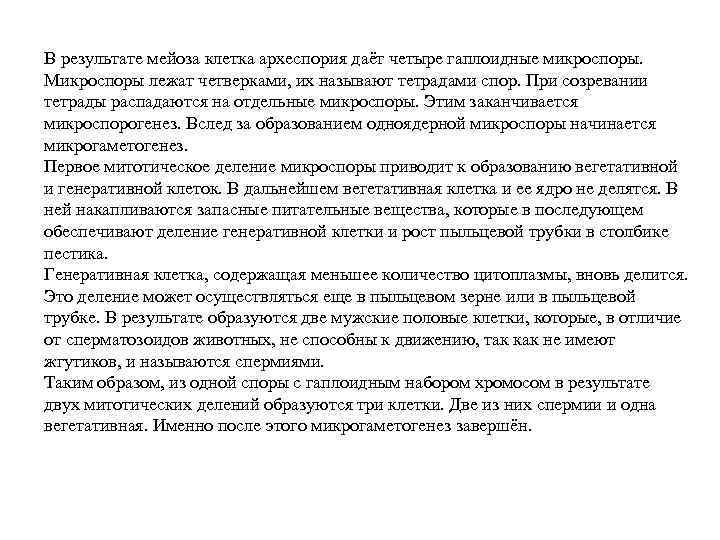 В результате мейоза клетка археспория даёт четыре гаплоидные микроспоры. Микроспоры лежат четверками, их называют