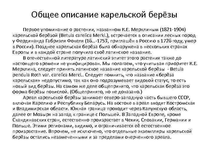 Общее описание карельской берёзы Первое упоминание о растении, названном К. Е. Мерклиным (1821 -1904)
