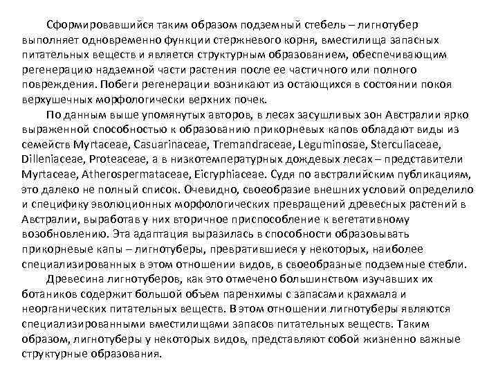 Сформировавшийся таким образом подземный стебель – лигнотубер выполняет одновременно функции стержневого корня, вместилища запасных