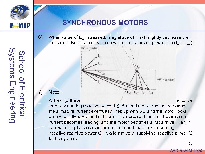 SYNCHRONOUS MOTORS School of Electrical Systems Engineering 6) When value of EA increased, magnitude