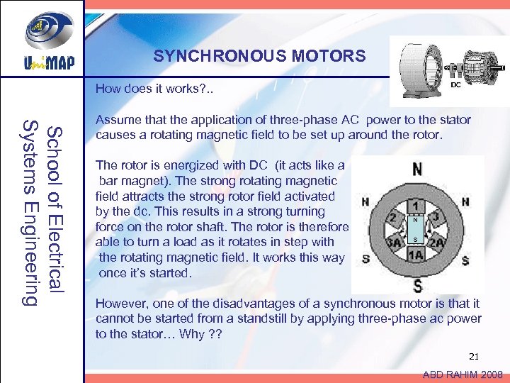 SYNCHRONOUS MOTORS How does it works? . . School of Electrical Systems Engineering Assume