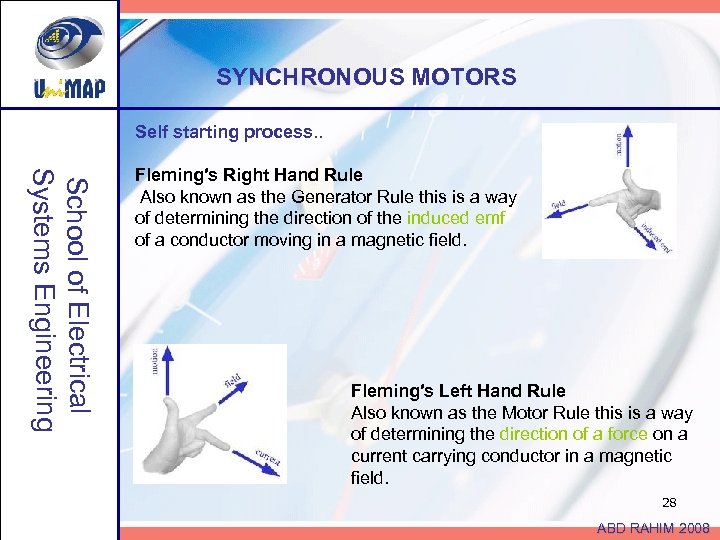 SYNCHRONOUS MOTORS Self starting process. . School of Electrical Systems Engineering Fleming′s Right Hand