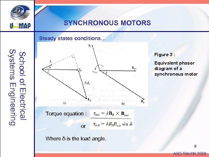 SYNCHRONOUS MOTORS Steady states conditions… School of Electrical Systems Engineering Figure 3 : Equivalent