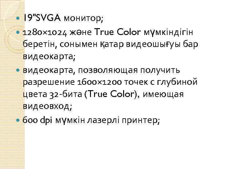 19"SVGA монитор; 1280× 1024 және True Color мүмкіндігін беретін, сонымен қатар видеошығуы бар видеокарта;